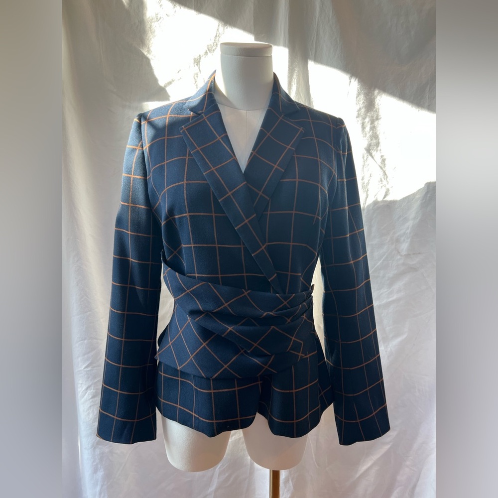 The Fold London Collingham Jacket- Checkered Navy & Toffee/Caramel